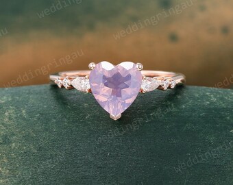 Heart cut Lavender Amethyst ring Unique Rose gold Amethyst engagement ring Women Pear cut Diamond wedding ring Bridal Promise ring gift