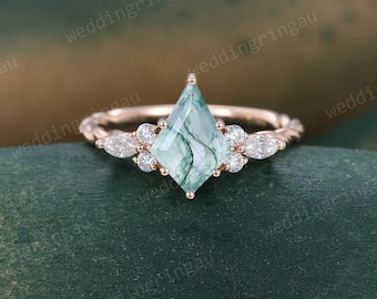 Kite cut Moss Agate Engagement ring Solid Rose gold Marquise Moissanite Vintage Ring 3/4 Twist band marriage Anniversary promise ring