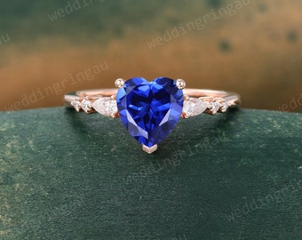 Heart shaped Blue sapphire engagement ring Vintage Rose gold ring Pear cut moissanite ring Seven stone ring Promise ring for women gift