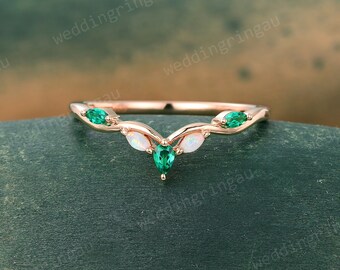 Pear Cut Emerald Wedding Band Vintage Rose Gold Opal Curved Wedding Band Branch Bridal Art Deco Stacking Matching Band Anniversary Ring