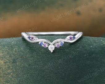 Blue sapphire Wedding Band Unique White gold Moissanite Amethyst Curved Wedding Band Vintage Art deco Bridal Stacking ring Promise ring