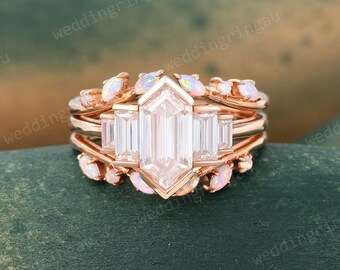 Hexagon cut Moissanite Engagement ring set Vintage Rose gold Baguette cut Moissanite ring Set Opal Enhancer wedding band promise ring set
