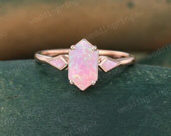 Hexagon cut Pink Opal ring Unique Rose gold engagement ring Kite cut opal Bezel set ring Three stone ring Bridal promise anniversary ring