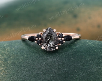 Pear Shaped Black rutilated quartz ring Vintage Rose gold engagement ring Teardrop quartz ring Cluster ring Black onyx ring Promise ring