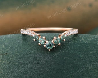 Teal sapphire curved wedding band Vintage rose gold Moissanite stacking matching band Free custom matching with your engagement ring