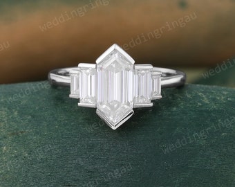 Hexagon cut Moissanite engagement ring Unique White gold Bezel set ring baguette cut Diamond ring Bridal Art deco promise anniversary ring