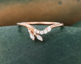 Unique Branch Moissanite Curved wedding band Vintage Rose gold ring Marquise cut Diamond ring Bridal wedding ring Matching Stacking ring