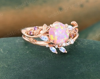 Round cut Pink Opal ring set Vintage Rose gold Leaf engagement ring set Amethyst ring Marquise cut Moonstone Curved ring Twig ring Gift