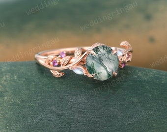 Natural Moss agate ring Vintage Rose gold Leaf engagement ring Marquise cut Moonstone ring Amethyst ring Nature inspired Twig ring Gift