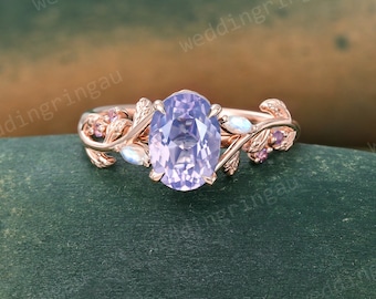 Lavender Amethyst ring Unique Rose gold Oval cut Amethyst engagement ring Marquise cut Moonstone ring Nature inspired Twig ring Promise ring