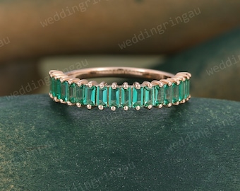 Vintage Emerald wedding band rose gold Baguette cut unique wedding ring half eternity art deco stacking matching band promise Anniversary