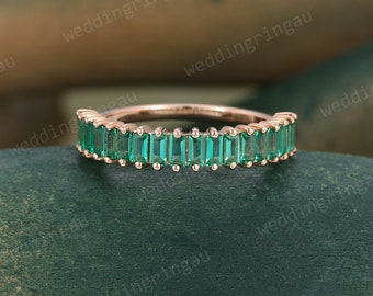 Vintage Emerald wedding band rose gold Baguette cut unique wedding ring half eternity art deco stacking matching band promise Anniversary