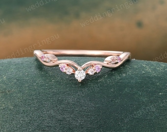 Pink Sapphire Curved Wedding band Unique Rose gold Rose quartz Wedding band Round cut Diamond ring Matching Stacking band promise ring