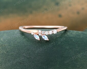 Marquise cut Moonstone wedding band Unique Rose gold curved wedding ring Moissanite Women Stacking Matching Band Promise Anniversary ring