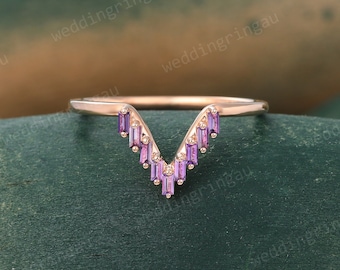 Purple Amethyst wedding band Unique Baguette cut Amethyst Curved Wedding ring V shaped ring for women Bridal Stacking Matching ring