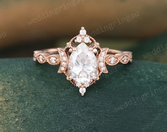 Pear shaped Moissanite ring vintage rose gold Teardrop engagement ring moon ring Unique half eternity milgrain ring bridal anniversary ring