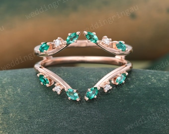 Emerald Wedding Band Unique Moissanite Enhancer Wedding ring Rose gold Double band Leaf Branch Ring Curved matching stacking band for women