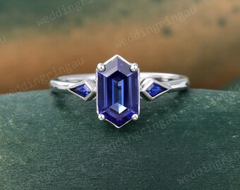 Hexagon cut Blue sapphire engagement ring Unique White gold Kite cut Blue sapphire Three stone ring Vintage Birthstone ring anniversary ring