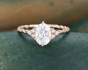 Oval cut Moissanite engagement ring vintage rose gold ring Round cut moissanite cluster wedding ring Twist art deco bridal promise ring