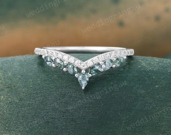 Marquise cut Moss agate wedding band Unique White gold Moissanite Curved wedding band Art deco Diamond ring Women Stacking Matching ring