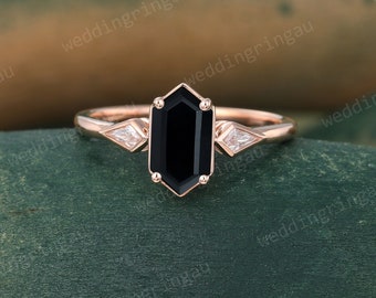 Hexagon cut Black onyx engagement ring Unique Rose gold Kite cut Moissanite ring Three stone ring Bezel set ring bridal anniversary ring