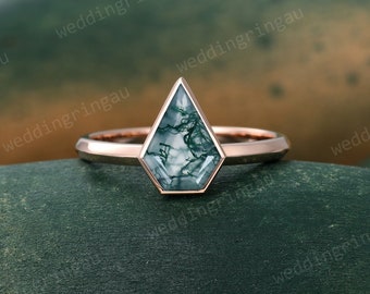 Unique Natural Moss agate ring Rose gold Kite cut Moss Agate engagement ring Solitaire ring Bridal wedding ring anniversary ring for women