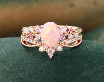 Oval cut Pink Opal Engagement ring set Vintage Rose gold Bridal ring set Peridot ring Pink sapphire wedding ring set Diamond Promise ring