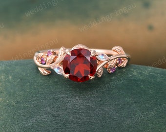 Red Garnet ring Vintage 14k Rose gold engagement ring marquise cut Moonstone ring Amethyst Nature inspired ring Leaf Twig ring Promise ring