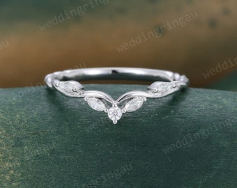 Marquise cut Moissanite wedding band Unique Vintage Twisted curved wedding band white gold art deco stacking matching band Anniversary Ring