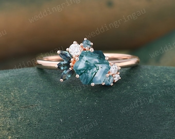 Vintage Moss Agate Engagement Ring unique rose gold moissanite hexagon marquise cut blue green sapphire diamond cluster bridal anniversary