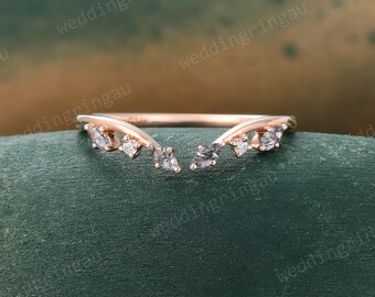 Curved Black rutilated quartz Wedding band Unique Rose gold Leaf wedding band Open Moissanite Stacking Matching ring Bridal Promise ring