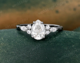 Pear shaped Moissanite engagement ring Unique Black gold Moissanite ring Marquise cut Diamond ring Teardrop Moissanite Bridal Promise ring