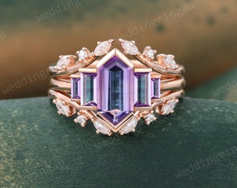 Hexagon cut Amethyst Engagement ring set Vintage Rose gold Baguette cut Amethyst ring Moissanite Double Enhancer ring bridal promise ring