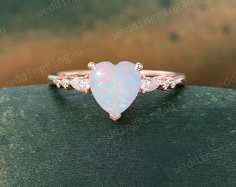 Heart cut Natural Opal ring Unique Rose gold engagement ring Women Pear cut Diamond ring Seven stone wedding ring Bridal Promise ring gift