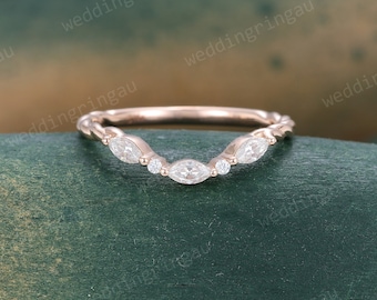 Vintage moissanite wedding band rose gold marquise cut unique curved wedding band diamond stacking matching band 3/4 eternity twist ring