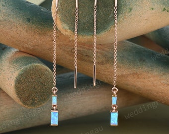 Lab Blue Opal Drop Earrings for Women 14k Rose gold Bridal wedding Earrings Anniversary Dangle Earrings Personalized Gift