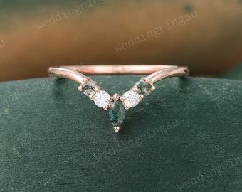 Rose gold Moss agate Wedding band Vintage Round cut Moissanite Curved wedding ring for women Art deco Stacking Matching ring Promise ring