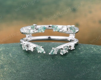 Marquise Cut Moss Agate Wedding Band Moissanite Enhancer Ring White Gold Guard Band Leaf Branch Ring Curved Matching Stacking Band for Women