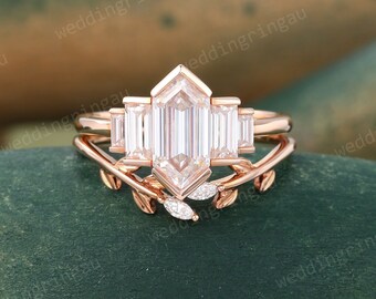 Hexagon cut Moissanite Engagement ring set Vintage Rose gold Baguette cut Moissanite ring Set Leaf Diamond wedding band promise ring set