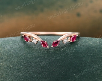 Natural Ruby Curved wedding band Unique Rose gold Leaf wedding band Moissanite Open ring Nature inspired ring Women Stacking Matching band