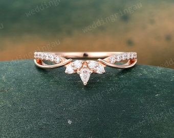 Pear cut Moissanite Curved wedding band Unique Rose gold Diamond Pave wedding band Matching Stackable ring Promise ring Gift for women