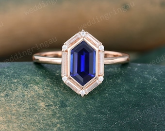 Hexagon cut Blue sapphire ring Unique rose gold engagement ring Baguette cut Moissanite ring Halo ring Art deco promise anniversary ring