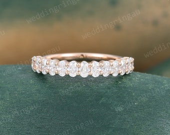 Oval cut Moissanite wedding band Unique rose gold wedding ring half eternity Art deco bridal stacking matching band promise Anniversary ring