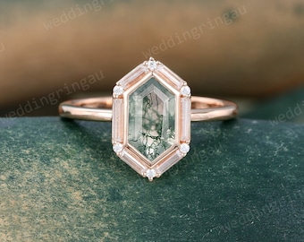 Hexagon cut Moss agate engagement ring Unique rose gold ring Baguette cut Moissanite ring Halo ring Bridal Art deco promise anniversary ring