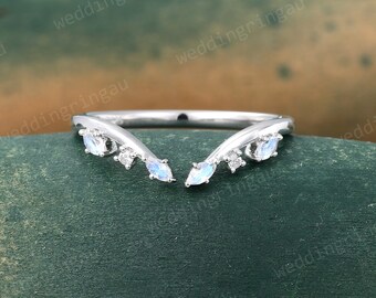 Marquise cut Moonstone Curved wedding band Unique White gold Moissanite wedding band Vintage Leaf Open ring Bridal ring Stacking ring women
