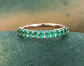 Lab Emerald wedding band Unique rose gold Oval cut wedding ring half eternity Antique Birthstone stacking matching promise Anniversary ring