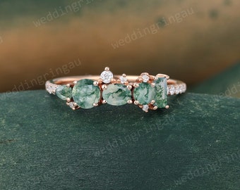 Cluster Natural Moss agate wedding band Unique Rose gold Multiple stone wedding band women Moissanite wedding ring Promise Anniversary ring
