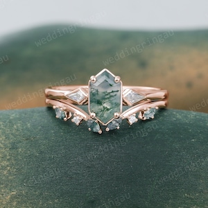Hexagon cut Moss agate engagement ring set Vintage Kite cut Moissanite ring Marquise cut Moss agate open wedding ring Promise ring set