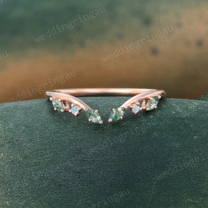 Marquise cut Moosachat Hochzeit Band Einzigartige Rose Gold Runde Opal Gebogene Hochzeit Band Vintage Art-Deco Braut Offener Stapelring Versprechensring