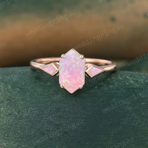 Hexagon cut Pink Opal ring Unique Rose gold engagement ring Kite cut opal Bezel set ring Three stone ring Bridal promise anniversary ring